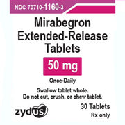 Mirabegron extended-release tablets in white bottle with pink label, 50 mg dosage, for overactive bladder relief, 30 count, RX