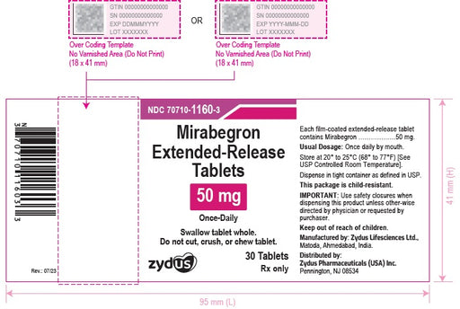 Mirabegron Extended-Release Tablets package label for urinary incontinence aid, overactive bladder management, and better bladder control.