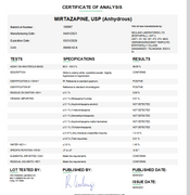Certificate of Analysis for Mirtazapine USP (Anhydrous) For Compounding (API)