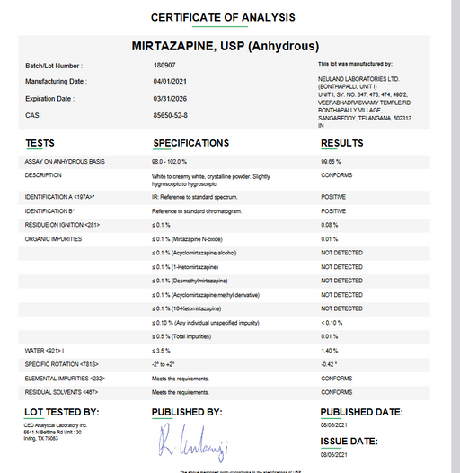 Certificate of Analysis for Mirtazapine USP (Anhydrous) For Compounding (API)