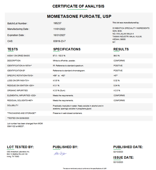 Certificate of Analysis for Mometasone Furoate USP For Compounding (API)