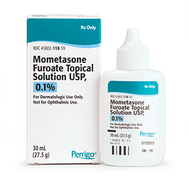 Bottle of Mometasone Furoate Topical Solution for relieving eczema, psoriasis, and reducing skin inflammation and irritation.