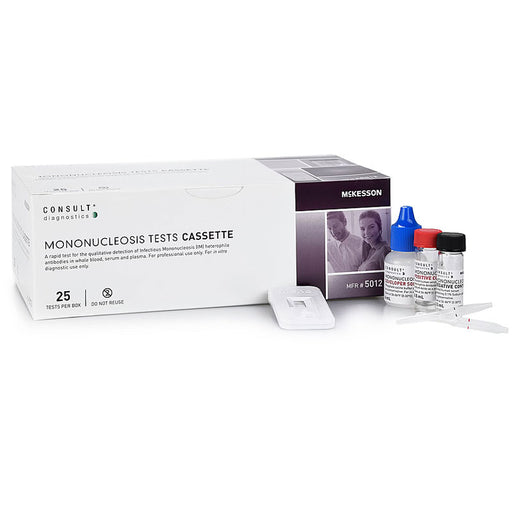 Mickesson Consult Diagnostics Mononucleosis Tests Cassette kit, containing a white box, two small vials with blue and red caps, and a test strips.
