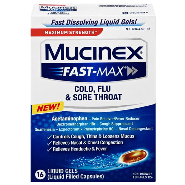 Buy RB Health Mucinex Fast-Max Cold, Flu & Sore Throat Liquid Gels 16 ct  online at Mountainside Medical Equipment