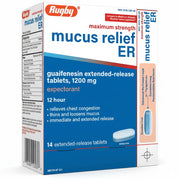 Rugby maximum strength mucus relief ER box with blue and white design, featuring 14 extended-release guaifenesin tablets, 1200 mg, for chest congestion relief