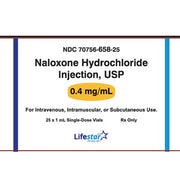 White rectangular label for Naloxone Hydrochloride Injection 0.4 mg/mL with blue and black text, yellow highlight, and Lifestar logo