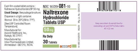 Naltrexone Hydrochloride 50 mg Tablet package label for opioid addiction and alcohol dependence treatment in recovery support medication.
