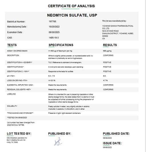 Certificate of Analysis for Neomycin Sulfate USP For Compounding (API)