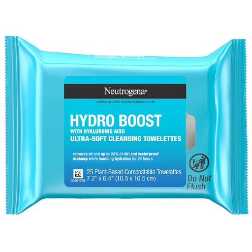 Pack of Neutrogena Hydro Boost Facial Cleansing Towelettes with Hyaluronic Acid for effective cleansing and skin hydration.