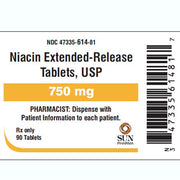 Niacin Tablets 750 mg Extended Release, in a bottle, support cholesterol management, heart health, and boost circulation and energy levels.