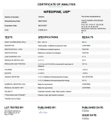 Certificate of Analysis for Nifedipine USP For Compounding (API) by Medisca