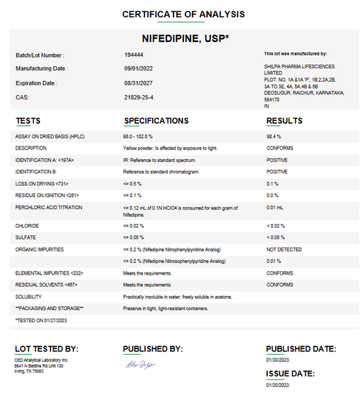 Certificate of Analysis for Nifedipine USP For Compounding (API) by Medisca
