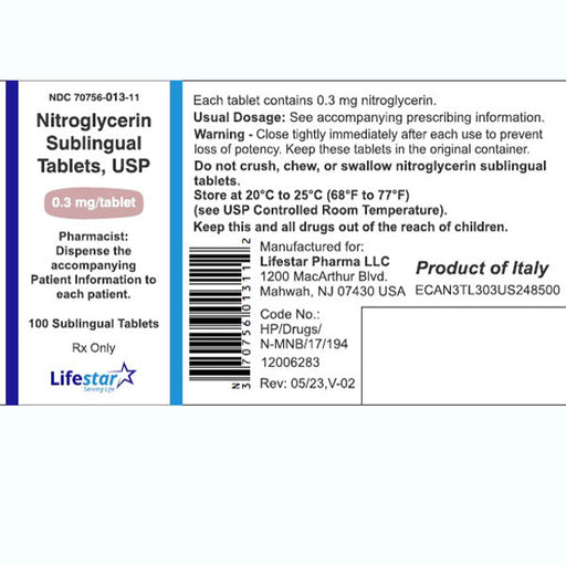 Nitroglycerin Sublingual Tablets 0.3 mg, used for heart health and immediate angina and chest pain relief.