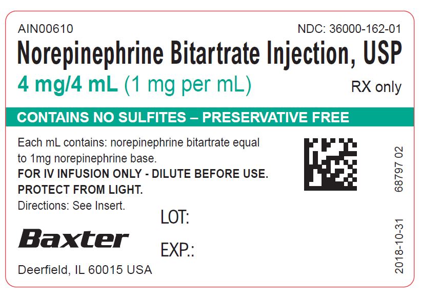 Treat Low Blood Pressure, Shock, and Heart Attack | Norepinephrine Bitartrate for Injection 1 mg/mL Ampoules 4 mL, 10/Box - Baxter