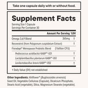 Nouri Menopause Probiotic supplement facts, featuring Resveratrol, probiotics, supports gut health, and hormone balance.