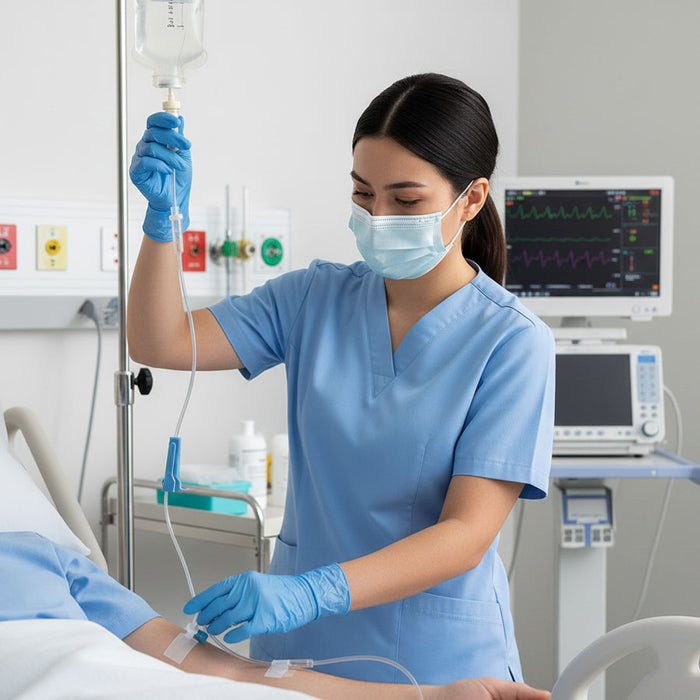 Nurse connecting an IV Administration Set,to a patient for IV Therapy