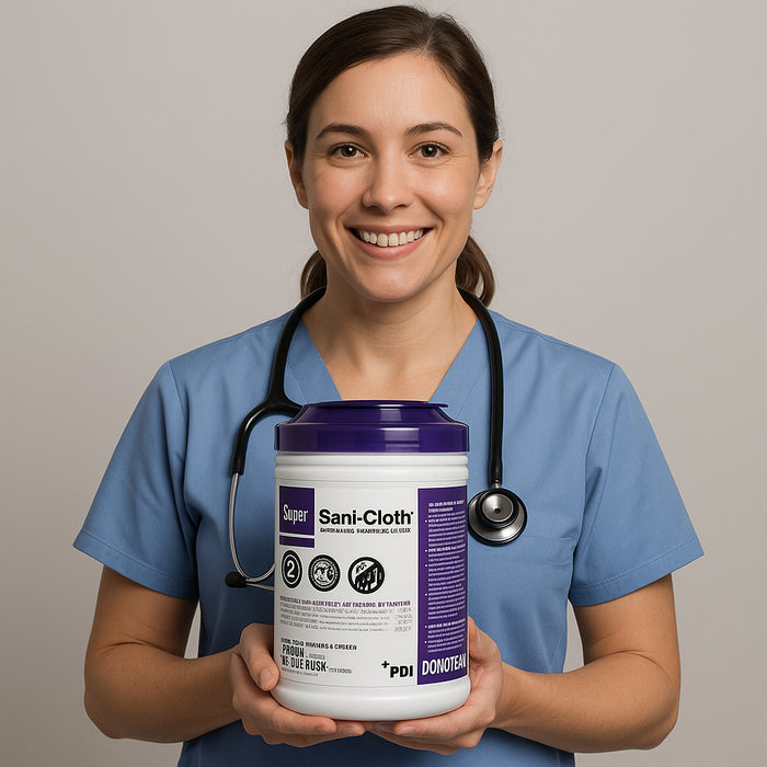 Nurse holding a Canister of Super Sani-Cloth Wipes
