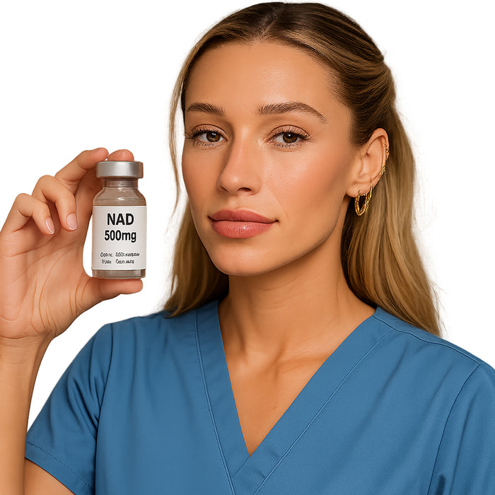 Nurse holding a vial of NAD+ Injection Therapy Energy Booster Supplement