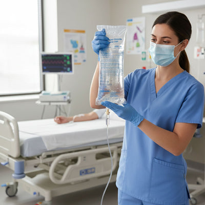 Nurse holding an IV Bag getting it ready for IV infusion therapy