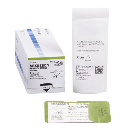 Nylon Sutures with Needle, Non-Absorbable 3/8 Circle Precision Reverse Cutting Needle, Monofilament P-13