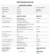 Laboratory certificate of analysis for Nystatin USP, showing batch number, manufacturing date, expiration date, and test results