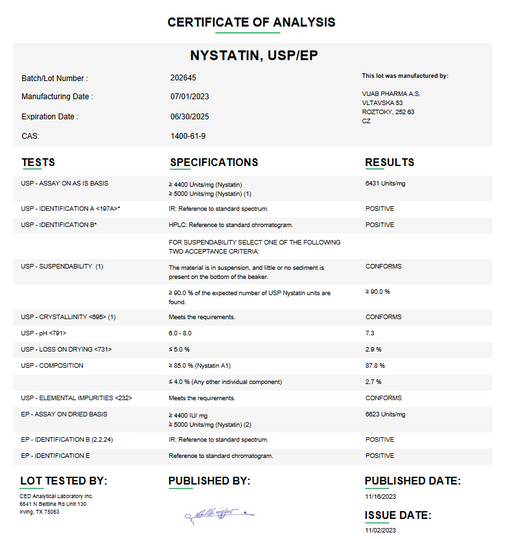Certificate of Analysis for Nystatin USP for Compounding (API) by Medisca