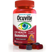 Red bottle of Ocuvite Eye Health Gummies with mixed fruit flavors, featuring colorful gummies and a label highlighting lutein, zeaxanthin, vitamins C & E, and zinc, SKU: 24208-0602-60