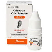 White box of Ofloxacin 0.3% ear drops with black and orange text, ear illustration, and sterile 5 mL bottle with dropper cap for ear infection treatment