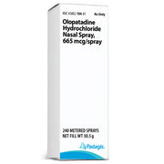 White box of Olopatadine Hydrochloride Nasal Spray with black text indicating allergy relief, 240 metered sprays, 30.5g net weight, SKU: 45802-0104-01