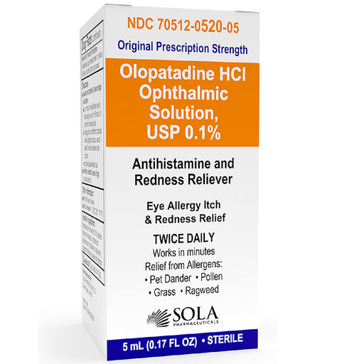 Sola Pharmaceuticals Olopatadine Ophthalmic Solution 0.1% Antistamine and Redness Eye Itch Relief Drops | Mountainside Medical Equipment 1-888-687-4334 to Buy