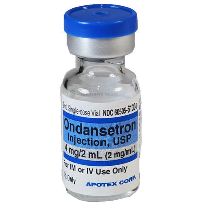 Ondansetron Injection 4 mg vial, used for preventing nausea and vomiting related to chemotherapy, radiation therapy, and postoperative recovery.