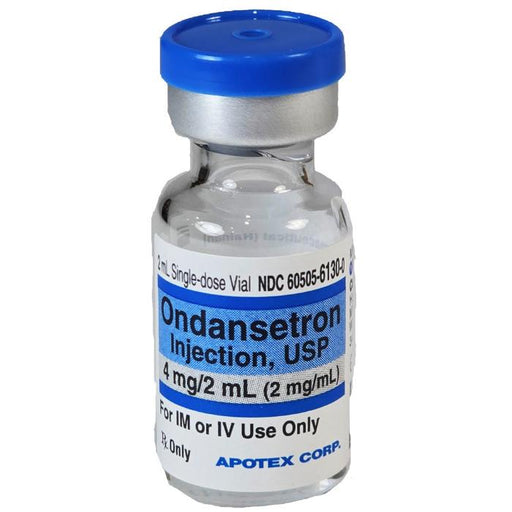 Ondansetron Injection 4 mg vial, used for preventing nausea and vomiting related to chemotherapy, radiation therapy, and postoperative recovery.
