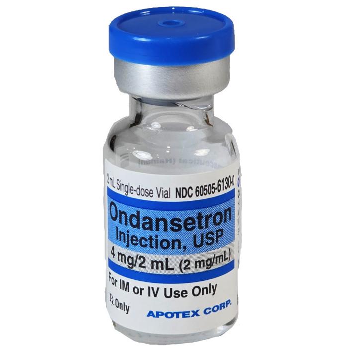 Ondansetron Injection 4 mg vial, used for preventing nausea and vomiting related to chemotherapy, radiation therapy, and postoperative recovery.