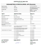 Laboratory certificate of analysis for Ondansetron Hydrochloride USP (Dihydrate), showing test results and batch details for pharmaceutical use