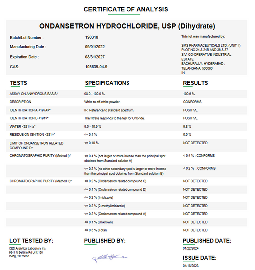 Certificate of Analysis for Ondansetron Hydrochloride USP (Dihydrate) API by Medisca