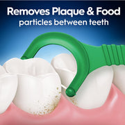 Illustration of green dental floss pick removing plaque and food particles from between teeth, promoting fresh breath and oral health