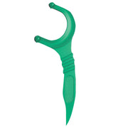Close-up of green oral-B Glide dental floss pick with ergonomic handle and curved tip, designed for effective plaque removal and gum health
