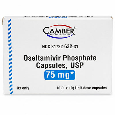 Box of Camber Pharmaceuticals Inc. Oseltamivir Phosphate Capsules, USP 75 mg.