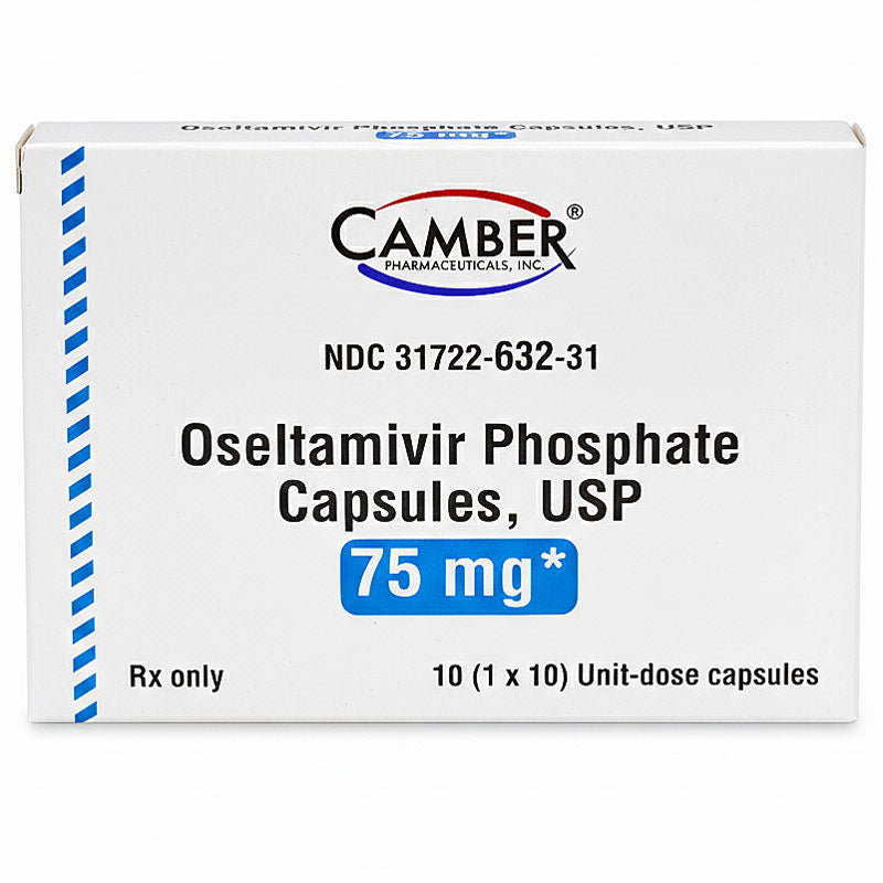 Box of Camber Pharmaceuticals Inc. Oseltamivir Phosphate Capsules, USP 75 mg.