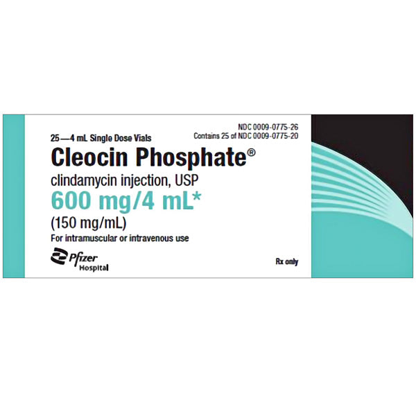 Outer box of Cleocin Phosphate Clindamycin Injection 150 mg/mL Vial 4 mL 