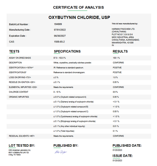 Certificate of Analysis for Oxybutynin Chloride USP For Compounding (API)