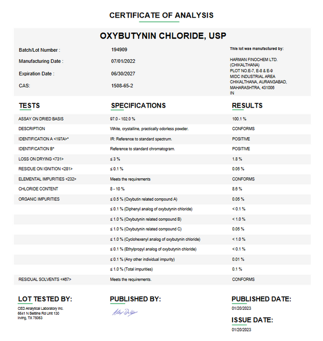 Oxybutynin Chloride USP Certificate of Analysis 