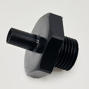 Black plastic oxygen humidifier adapter with threaded connection and tube outlet, used for oxygen concentrator parts, SKU: 2000503