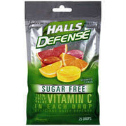 Silver and green Halls Defense Vitamin C cough drops package with assorted citrus flavor, sugar-free, 25 count, designed for immune support
