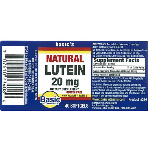 Packaage Label for Natural Lutein 20 mg Softgels by Basic Drugs