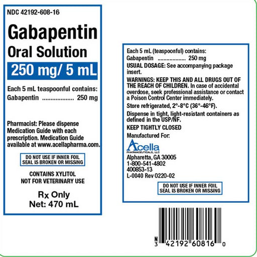 Product label for Gabapentin Oral Solution 250mg/5 mL Acella 470 mL