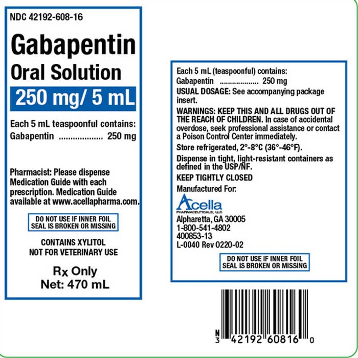 Product label for Gabapentin Oral Solution 250mg/5 mL Acella 470 mL