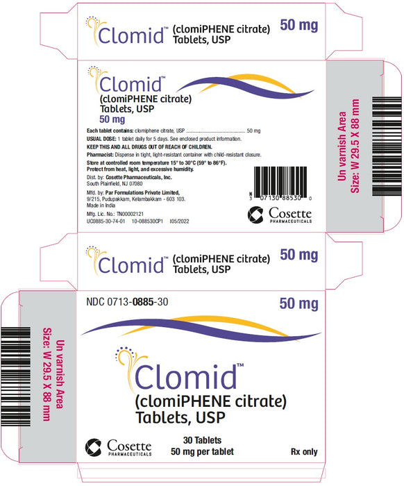 Package Label for Clomid (Clomiphene Citrate) Tablets 50 mg  Fertility Medicine Cosette Pharma