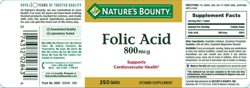 Package Label for Folic Acid 800mcg Tablets by Natures Bounty