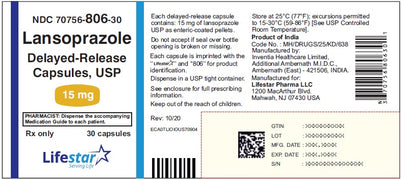 Package Label for Lansoprazole 15 mg Capsules by Lifestar